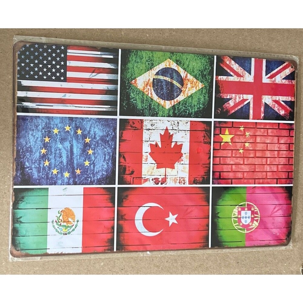 Multiple Flag Sign - USA UK CAN EU BR MEX PT CN RU Metal Tin Wall  12x8”